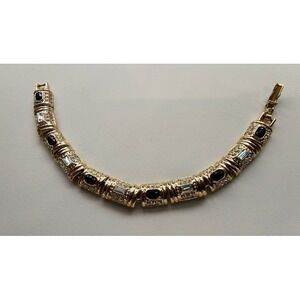 Gold Tone Bracelet Oval Black Stones Crystal or Rhinestone Baguette Round Stones